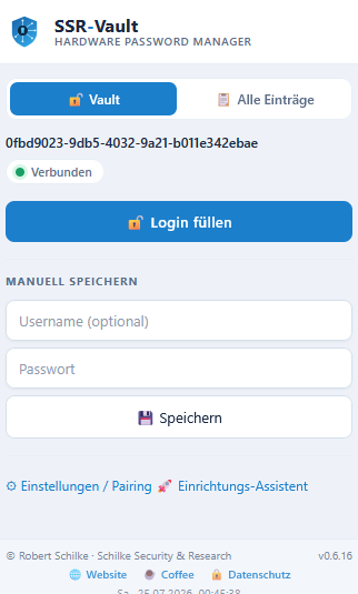 SSR-Vault Erweiterungs-Popup: Vault entsperrt, Login füllen, manuell speichern